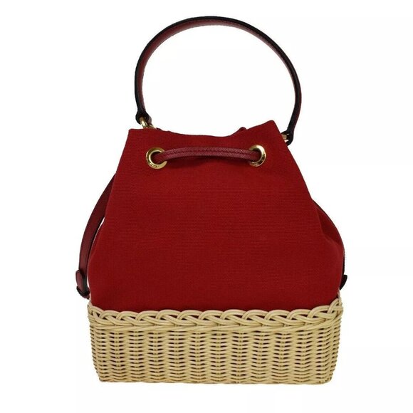 PRADA Logo Plage Wicker 2Way Shoulder Hand Bag Canvas Leather Red Gold 678RH125 - Picture 4 of 15